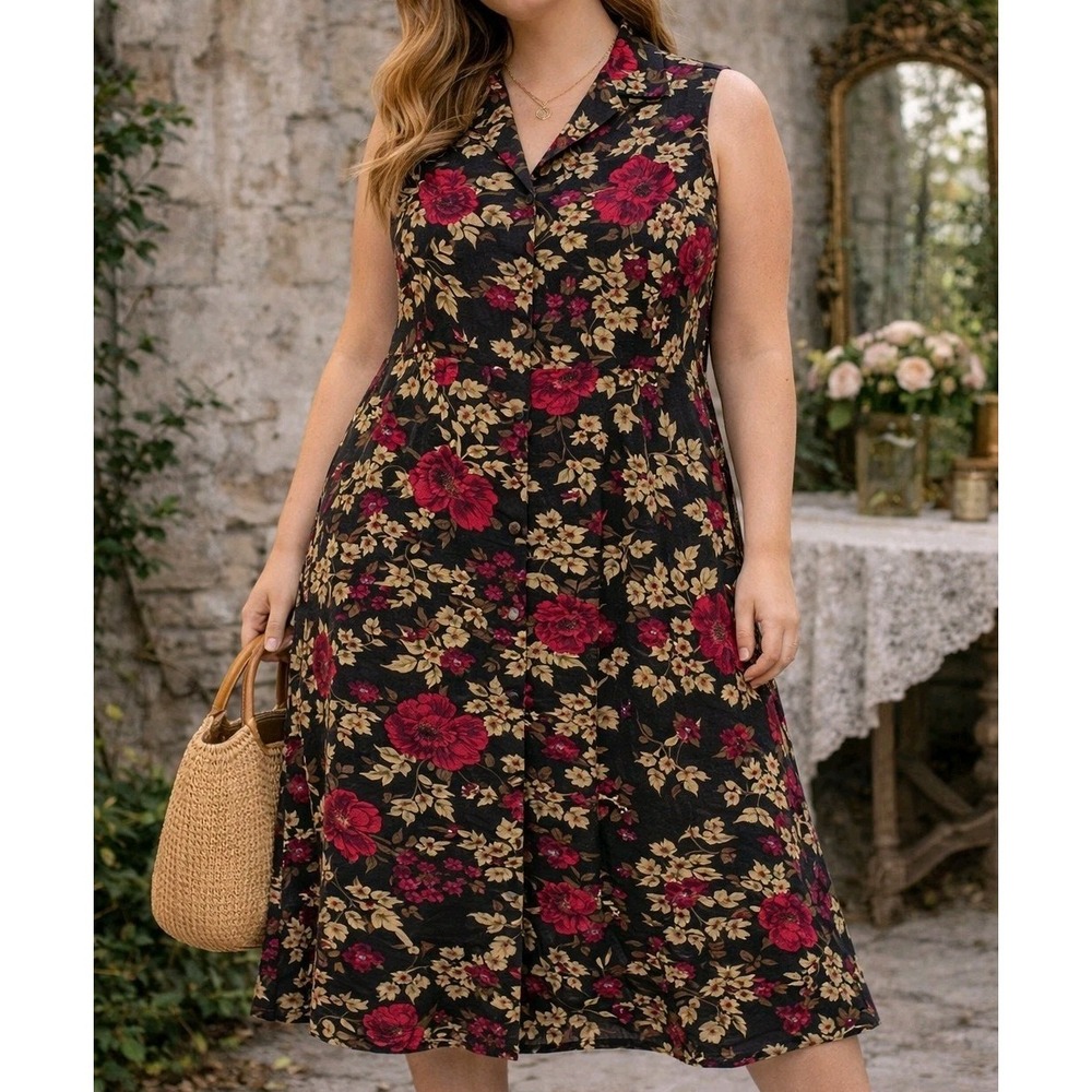 Vintage 90s Sleeveless V-Neck Floral Midi Dress in Black, Purple and Burgundy